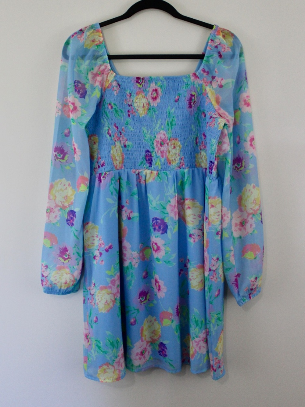 Sugar & Jade Blue Floral Smocked Babydoll Dress Long Sleeve XXL